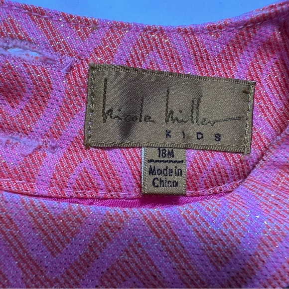 Nicole Miller Kids Pink Sparkle Shift Lined Dress Black Velvet Bow Size 18M EUC - Picture 2 of 9